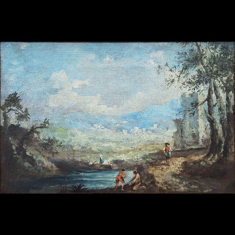 Landscape With Characters By The River, Oil On Canvas, Framed photo furniture
