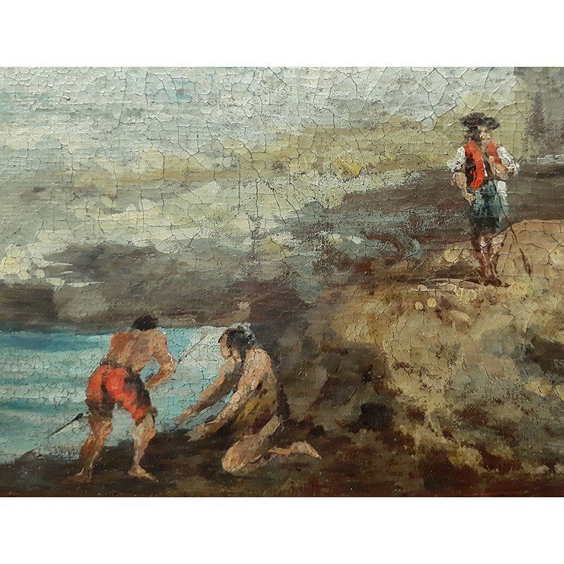 Landscape With Characters By The River, Oil On Canvas, Framed photo Art
