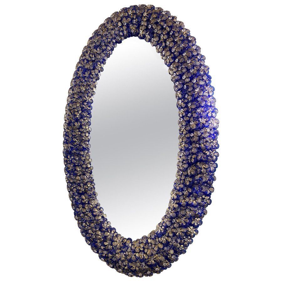 Blue Murano Glass Flower Oval Shaped Mirrors, Set Of 2 photo furniture
