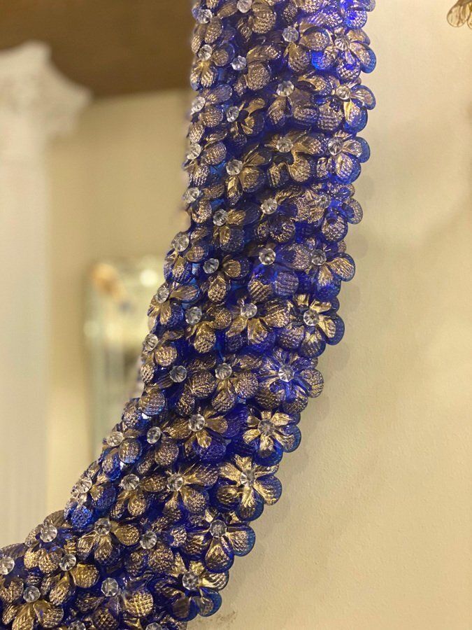 Blue Murano Glass Flower Oval Shaped Mirrors, Set Of 2 photo 6141.0