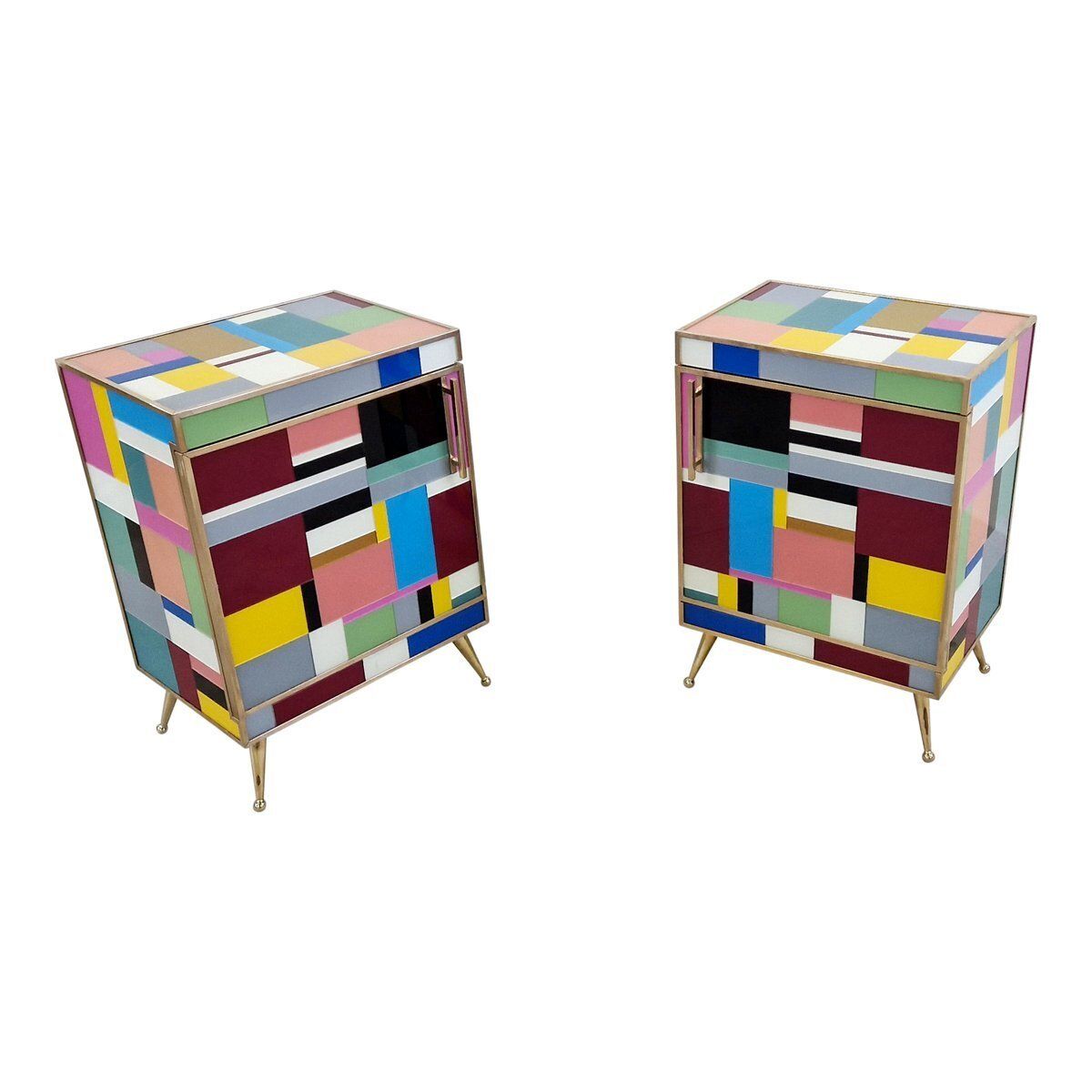 Bedside Cabinets In Wood And Multicolored Glass, 1980s, Set Of 2 photo furniture