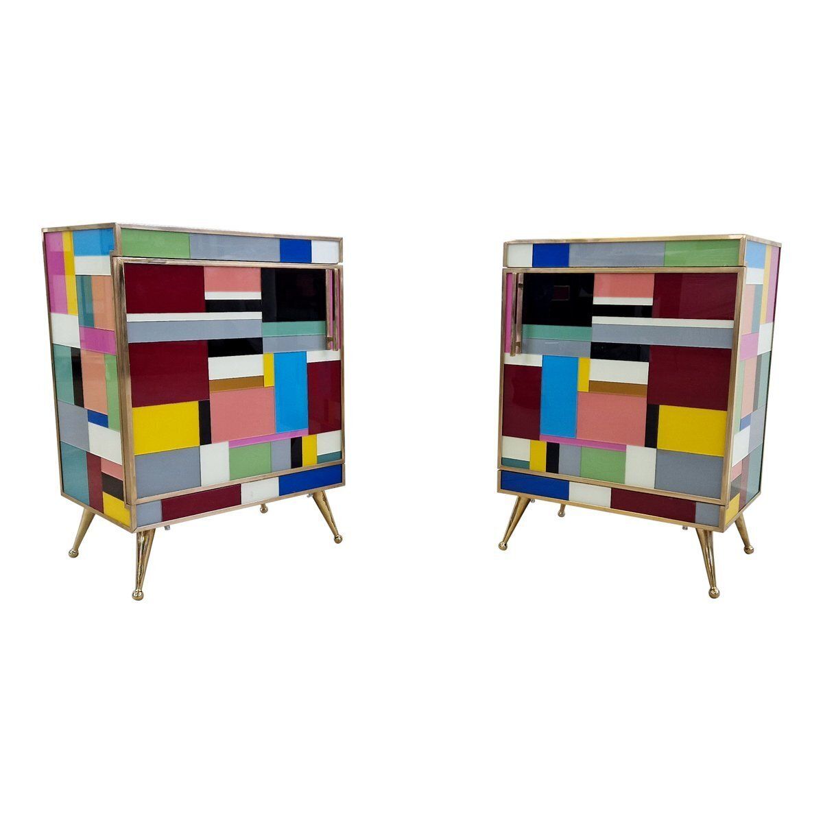Bedside Cabinets In Wood And Multicolored Glass, 1980s, Set Of 2 photo 4751.0