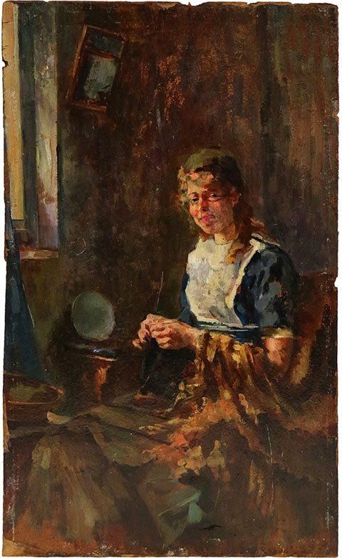 Lionello Balestrieri, Girl That Sews, 1920s, Oil On Panel, Framed