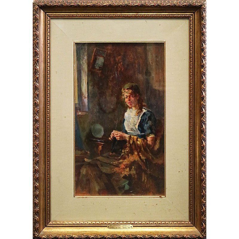 Lionello Balestrieri, Girl That Sews, 1920s, Oil On Panel, Framed photo furniture