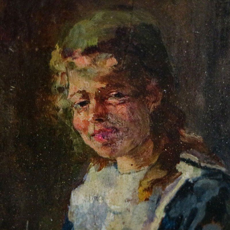 Lionello Balestrieri, Girl That Sews, 1920s, Oil On Panel, Framed photo 1420.0