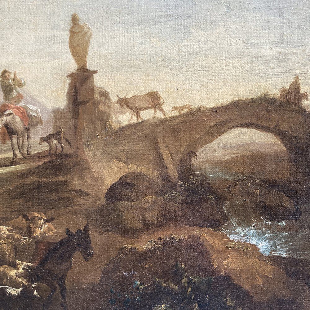 Nicolaes Berchem, Paesaggio Latino Con Viandanti E Armenti, 1600s, Oil On Canvas, Framed photo vinterior