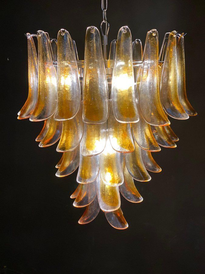 Lighting Large Vintage Italian Murano Chandelier With Amber Glass Petals, 1970s photo