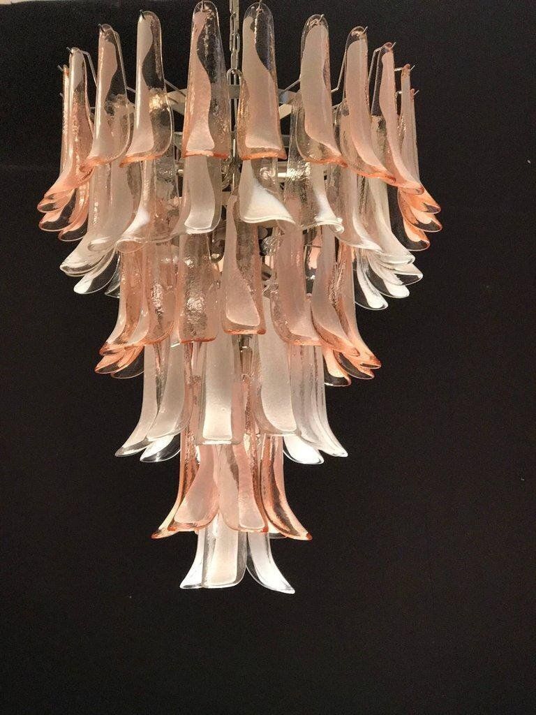 photo for sale Italian Murano Glass Pink And White Petal Chandeliers, 1980s, Set Of 2