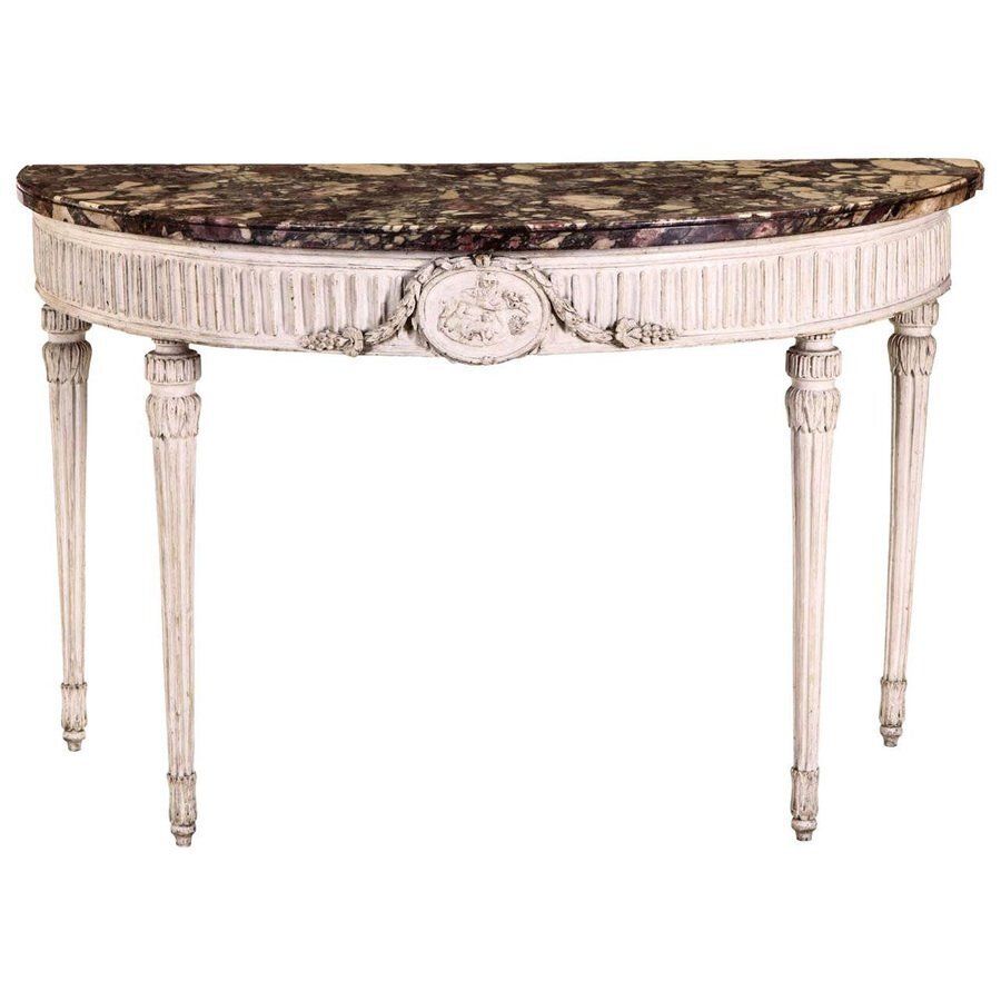 18th Century Italian Louis XVI Ivory Painted Demilune Console Table