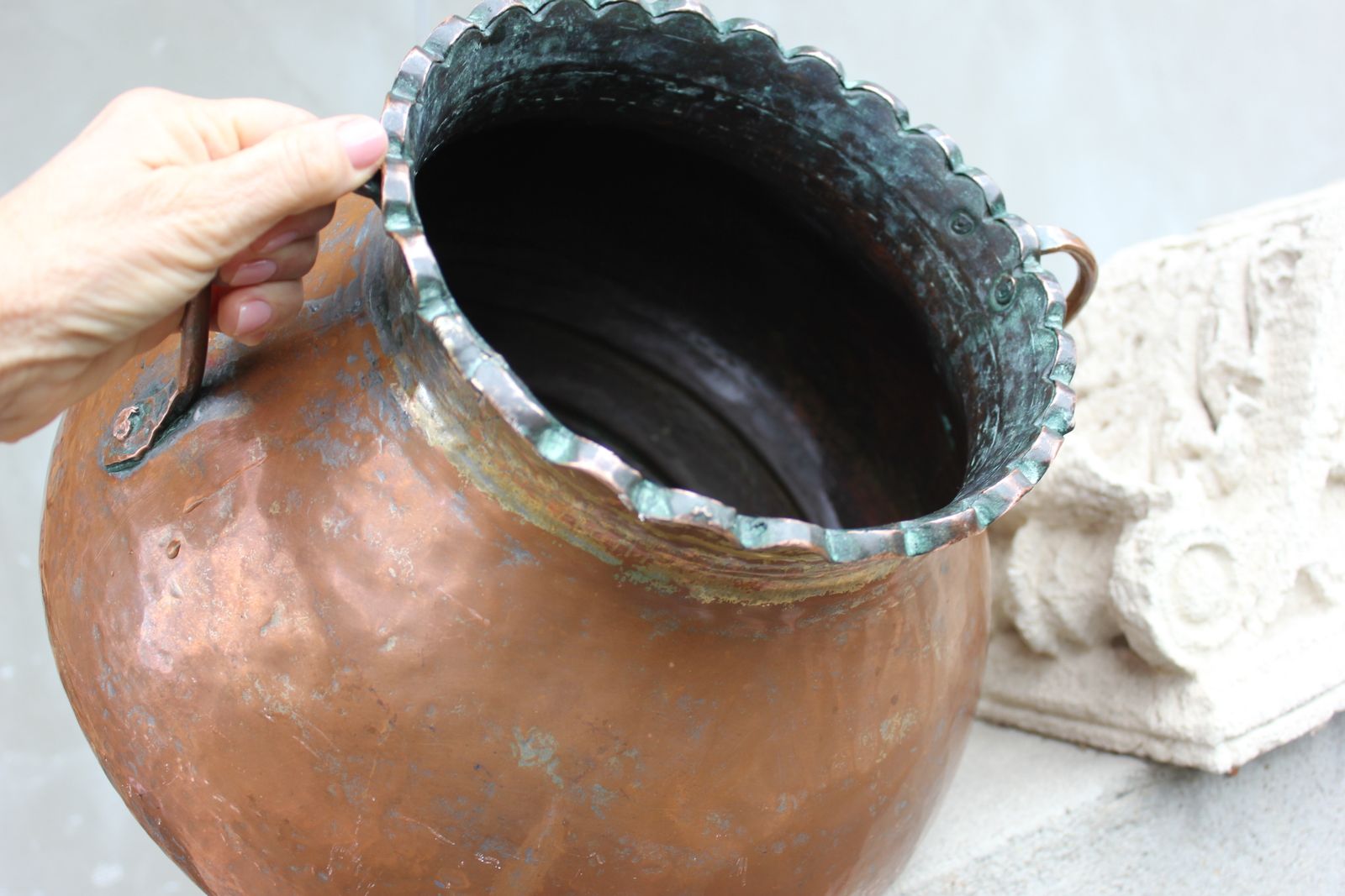 Large Antique Hand Hammered Copper Vessel, 19th Century Balkan Ottoman photo vinterior