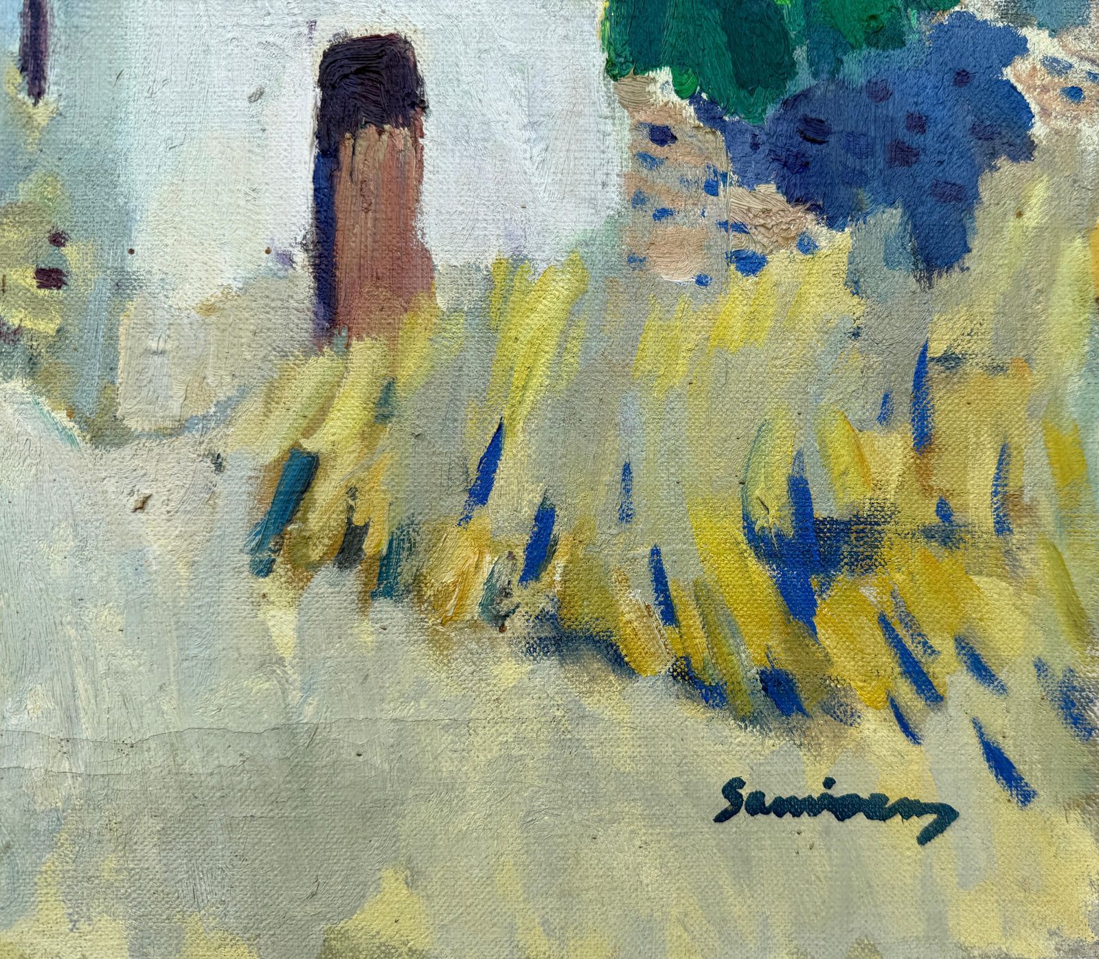 Ramon Sanvisens Marfull Spanish Village, Oil On Canvas Painting, Spain, Mediterranean Landscape C. 1960 photo furniture