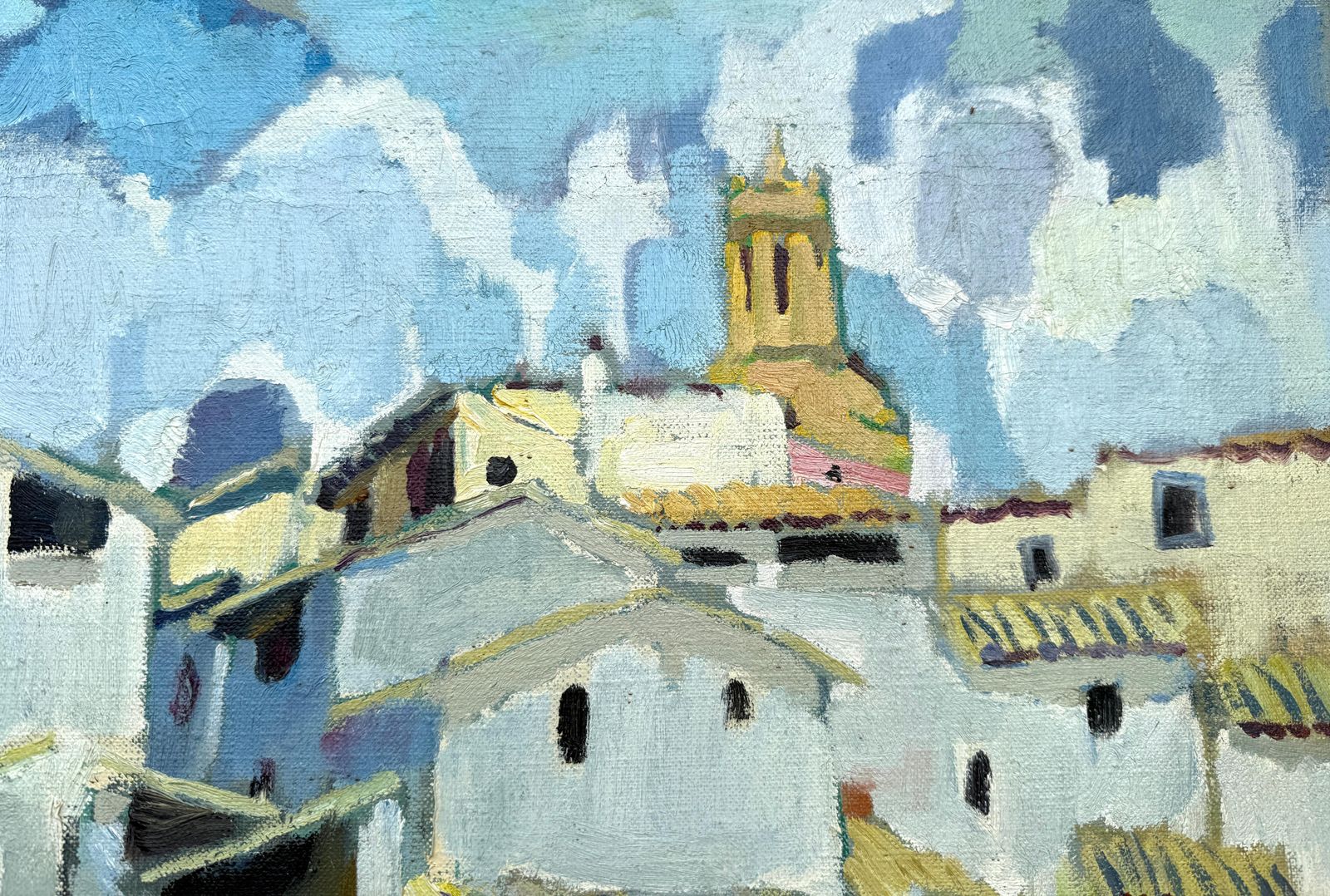 Ramon Sanvisens Marfull – Spaans Dorp, Olieverf Op Doek, Spanje, Mediterraan Landschap, Ca. 1960 photo vinterior