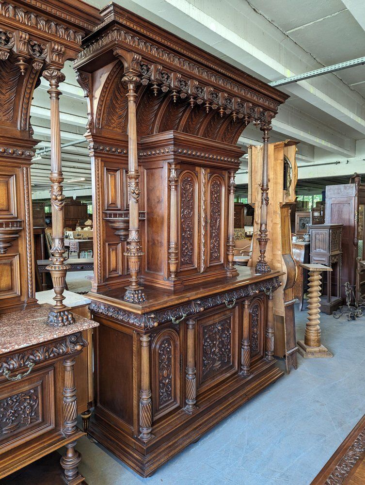 Furniture Large Renaissance Buffet In Walnut, Set Of 2 photo