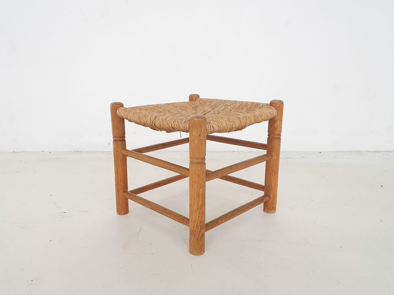 Vintage Rattan And Wooden Stool, France, 1960's