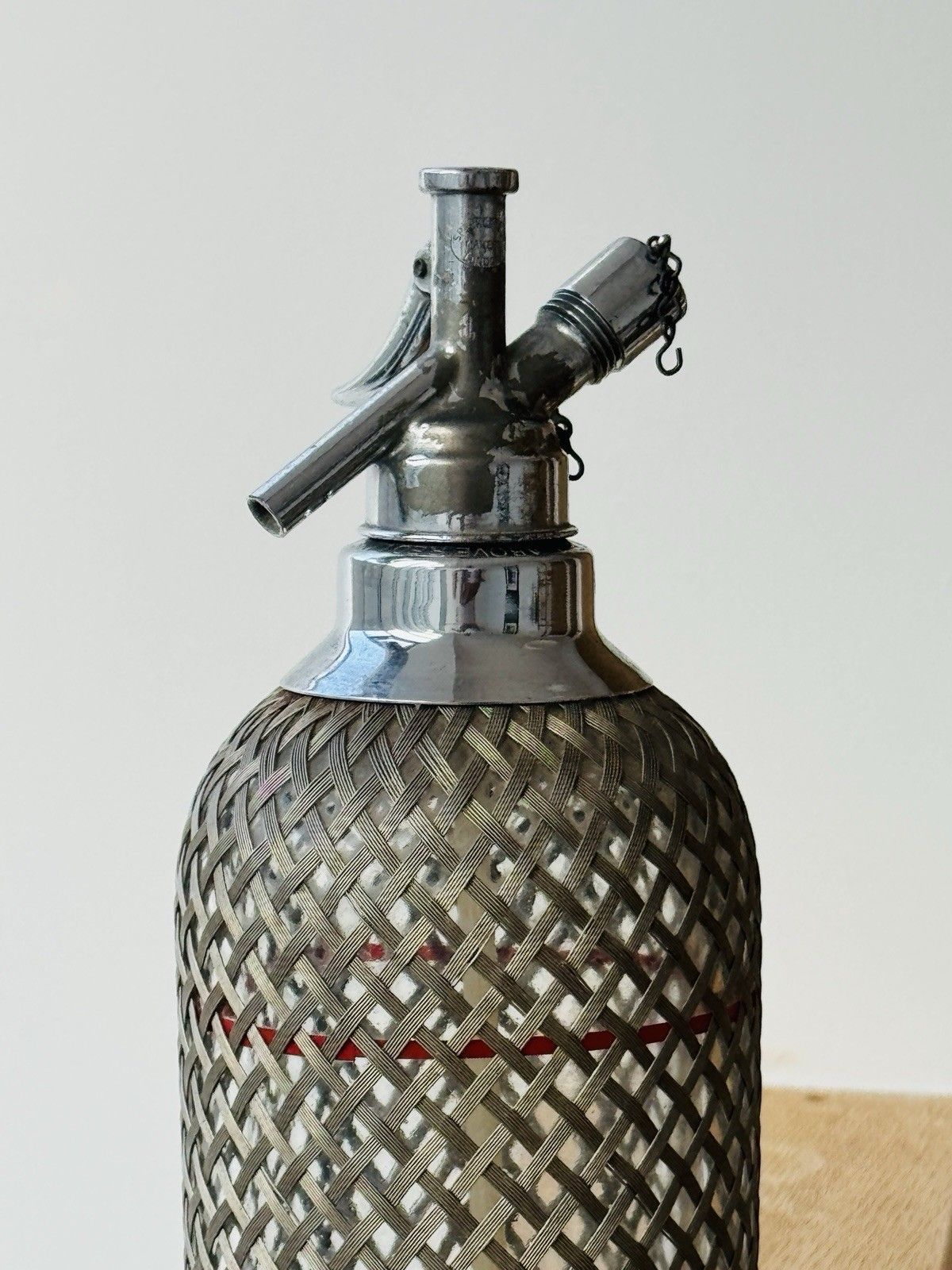 photo furniture Antique Braided Metal Mesh Soda Siphon, Glass Bottle Made In Czechoslovakia