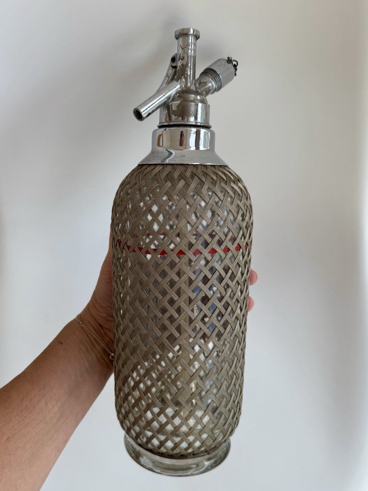 photo vinterior Antique Braided Metal Mesh Soda Siphon, Glass Bottle Made In Czechoslovakia