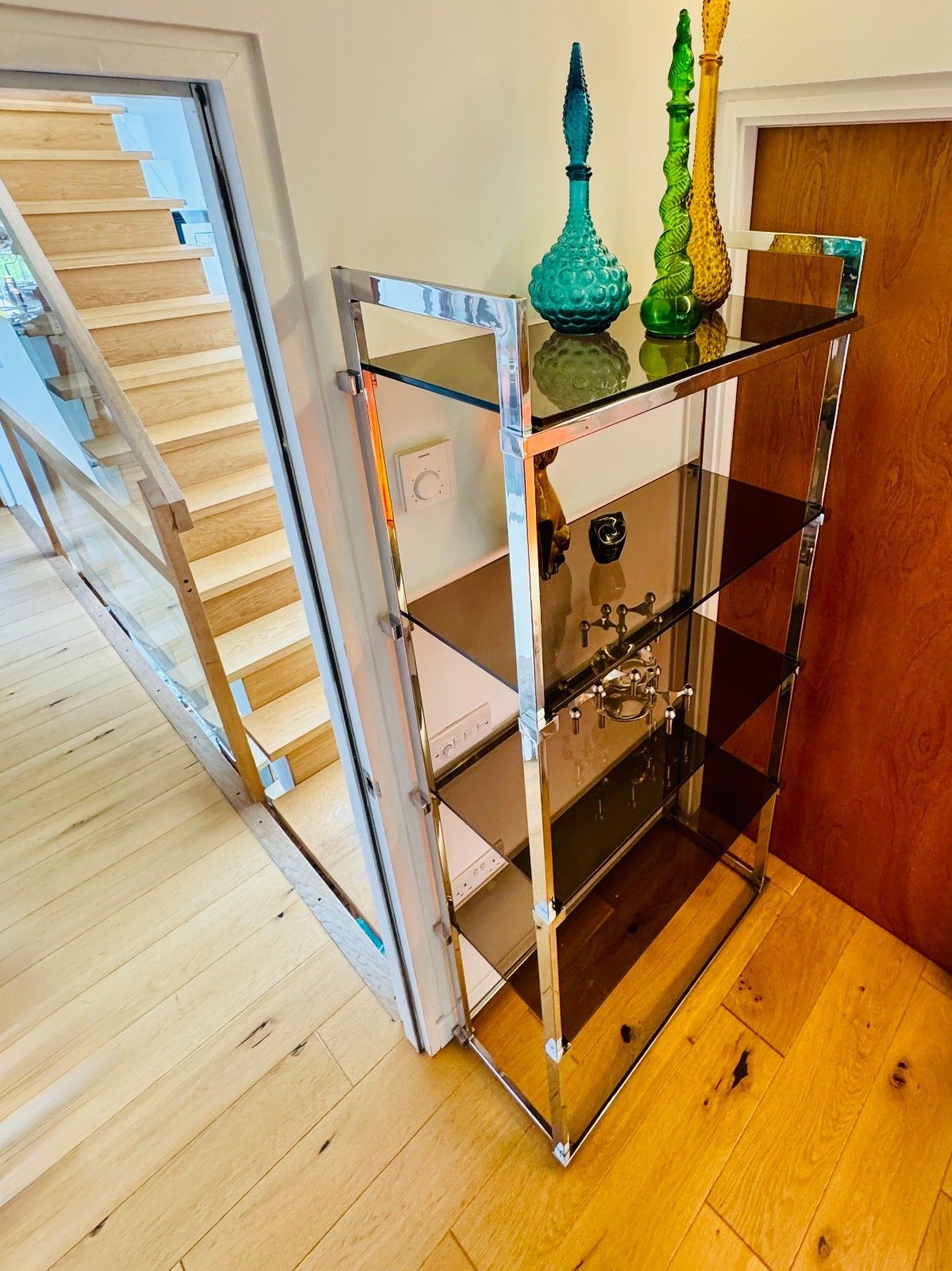 photo buy Pieff Lisse Chrome Plated Smoked Glass Shelving Unit/Bookcase, 1970s