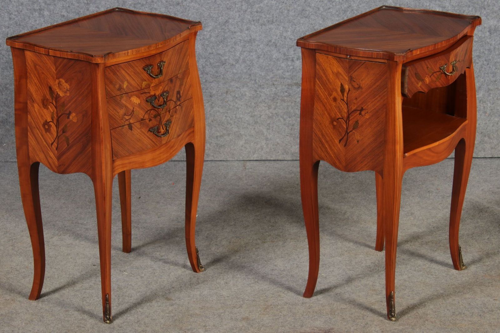 photo vintage Antique Louis XV Style Bedside Tables With Floral Inlays, 1915, Set Of 2