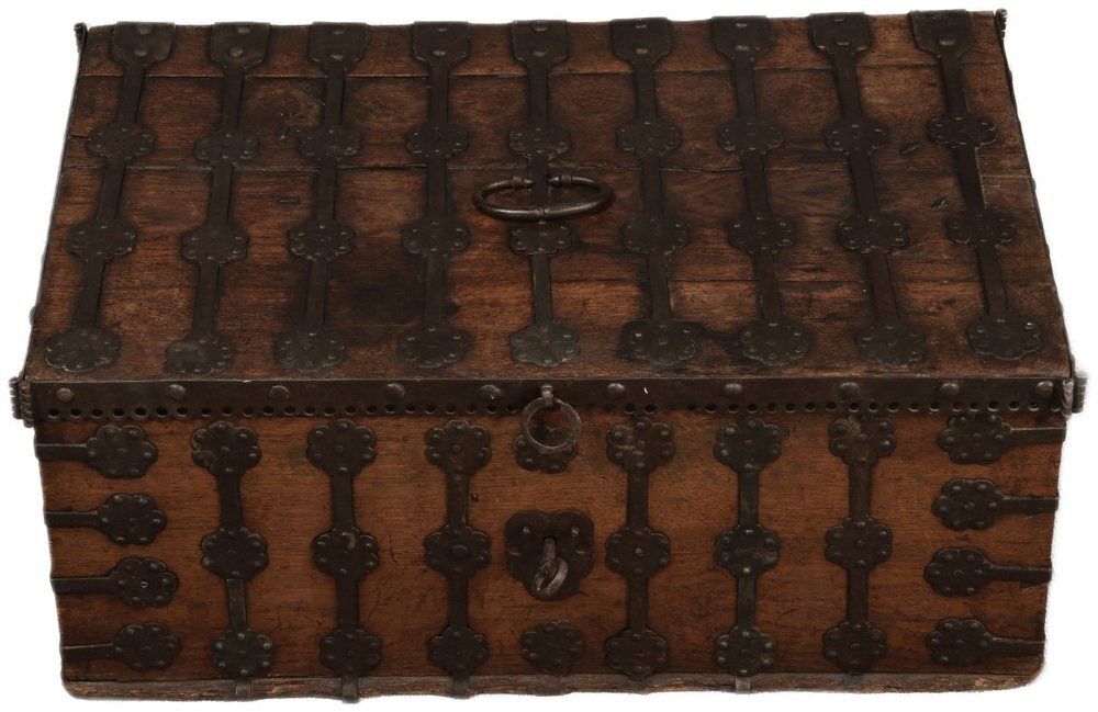 Small Antique Gothic Chest With Iron Bands, 1500 photo furniture