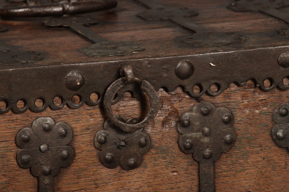 photo furniture Small Antique Gothic Chest With Iron Bands, 1500