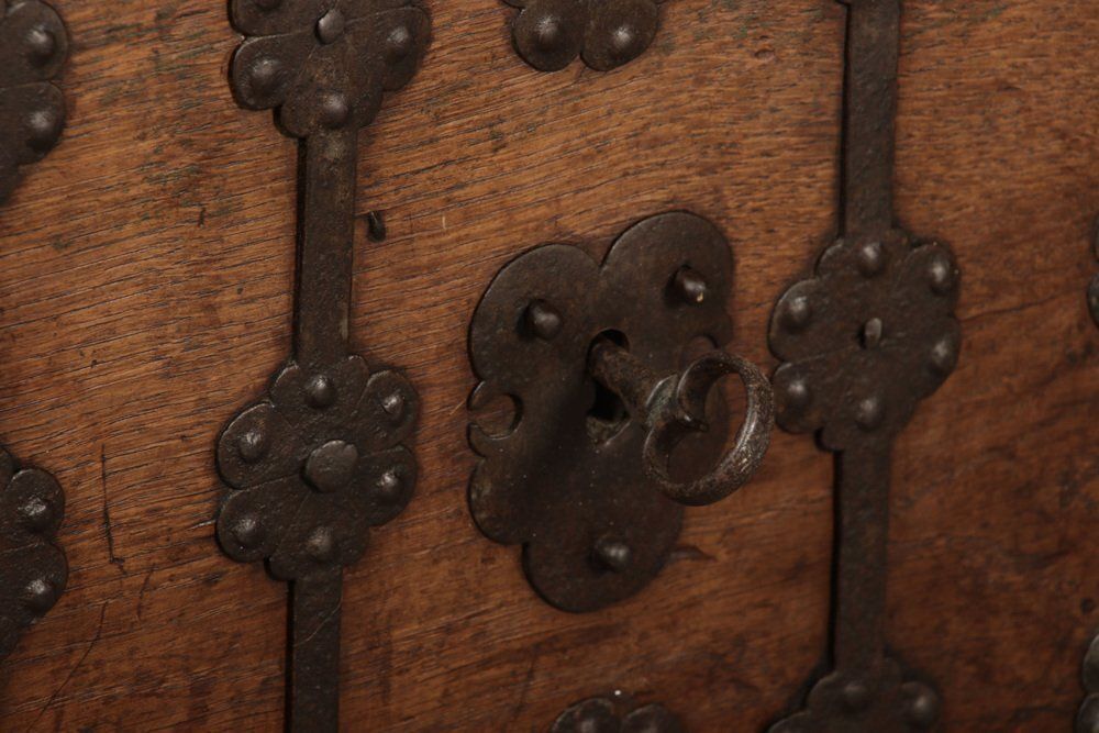 Furniture Small Antique Gothic Chest With Iron Bands, 1500 photo