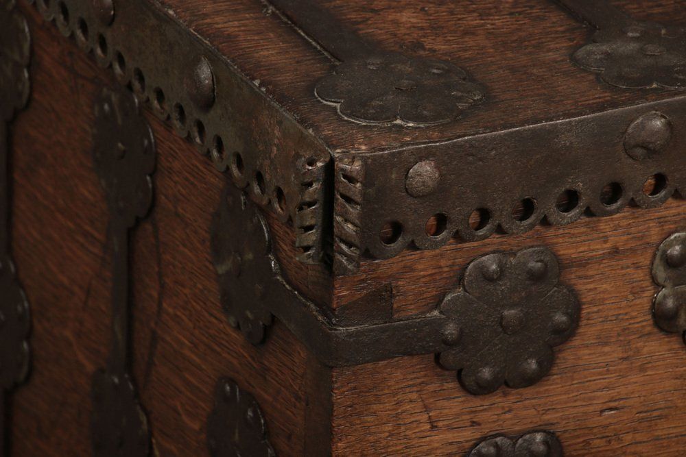 9473.0 Small Antique Gothic Chest With Iron Bands, 1500 photo