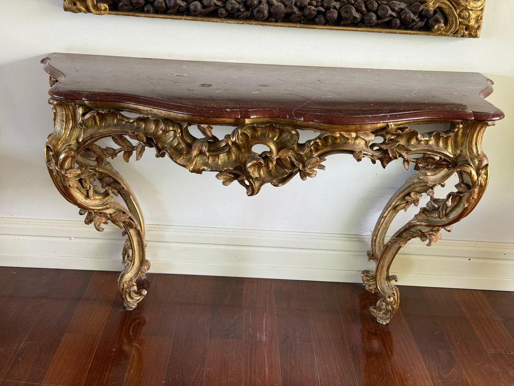 Large Mid 18th Century French Giltwood Rococo Console Table With Marble Top, 1740s photo for sale