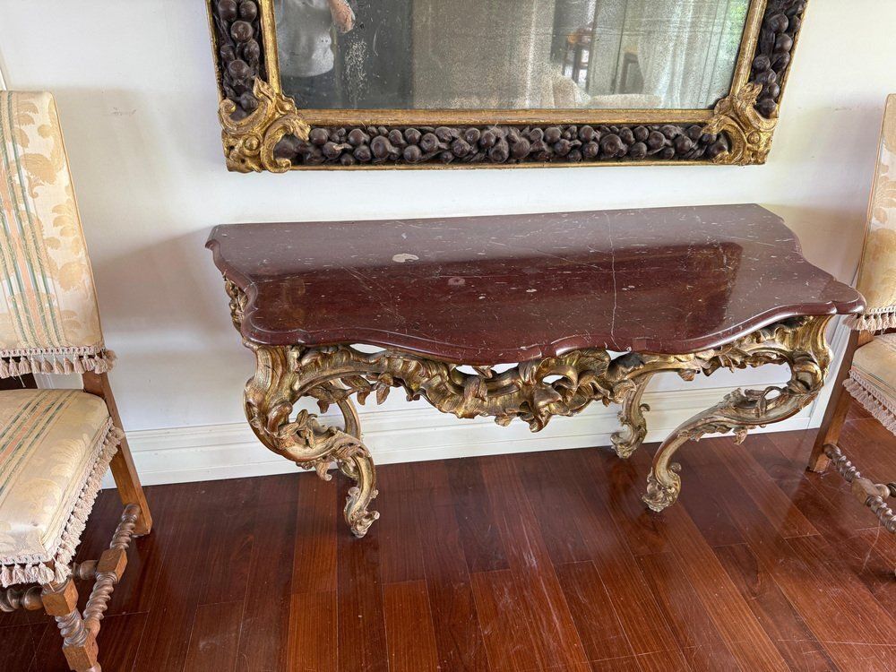 photo furniture Large Mid 18th Century French Giltwood Rococo Console Table With Marble Top, 1740s