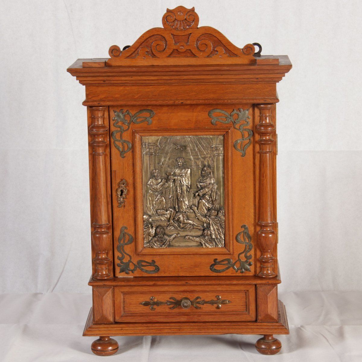 Antique Art Nouveau Hanging Cabinet Wall Cabinet Oak Brass Relief, 1900 photo vinterior