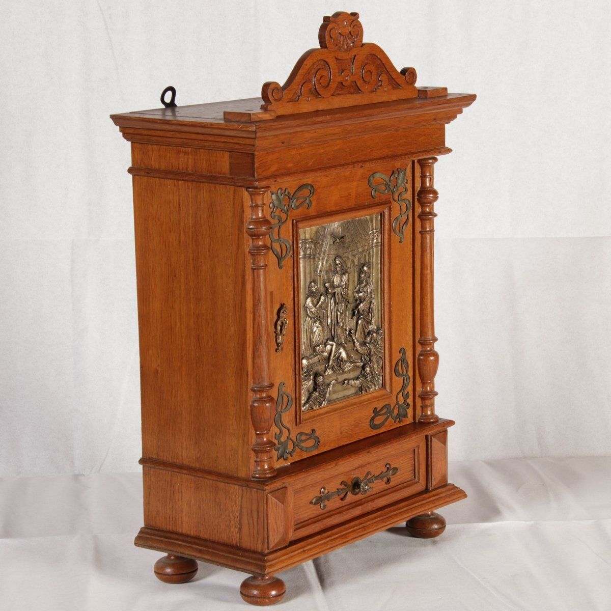 photo furniture Antique Art Nouveau Hanging Cabinet Wall Cabinet Oak Brass Relief, 1900