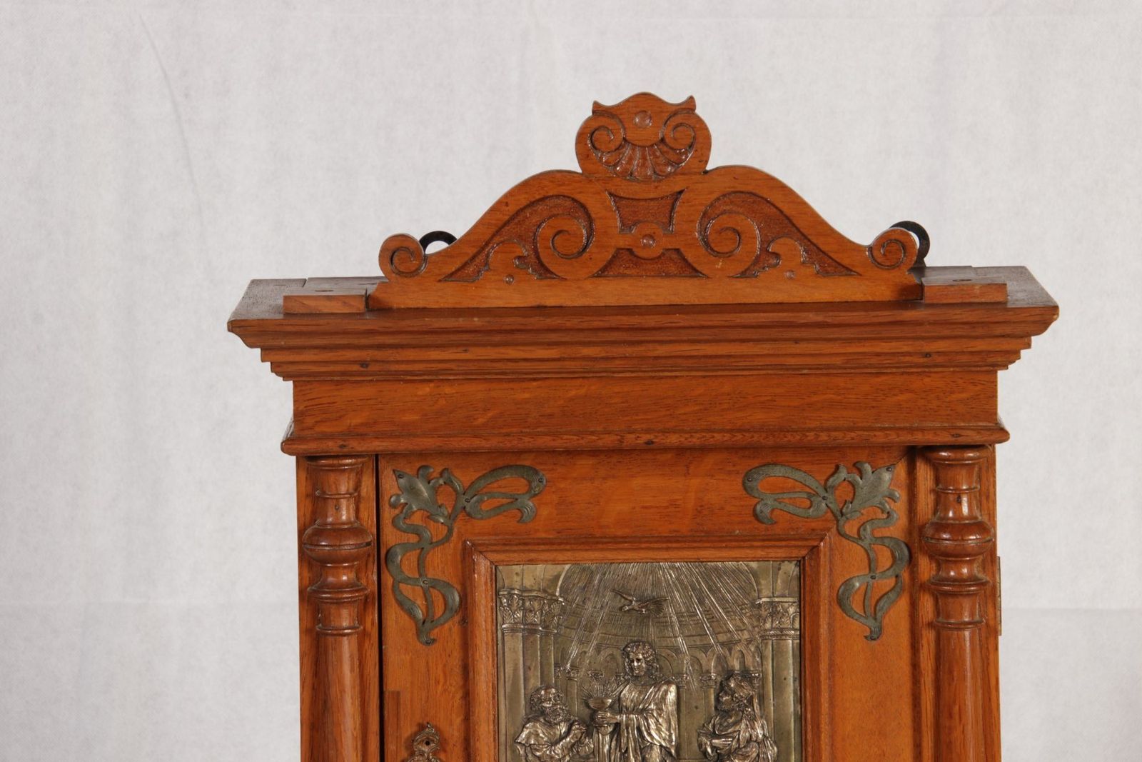 863.0 Antique Art Nouveau Hanging Cabinet Wall Cabinet Oak Brass Relief, 1900 photo