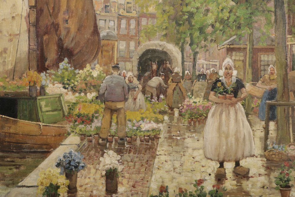 R. Hornemann, Flower Market On The Canal In Amsterdam, 1900s, Oil On Canvas photo Art