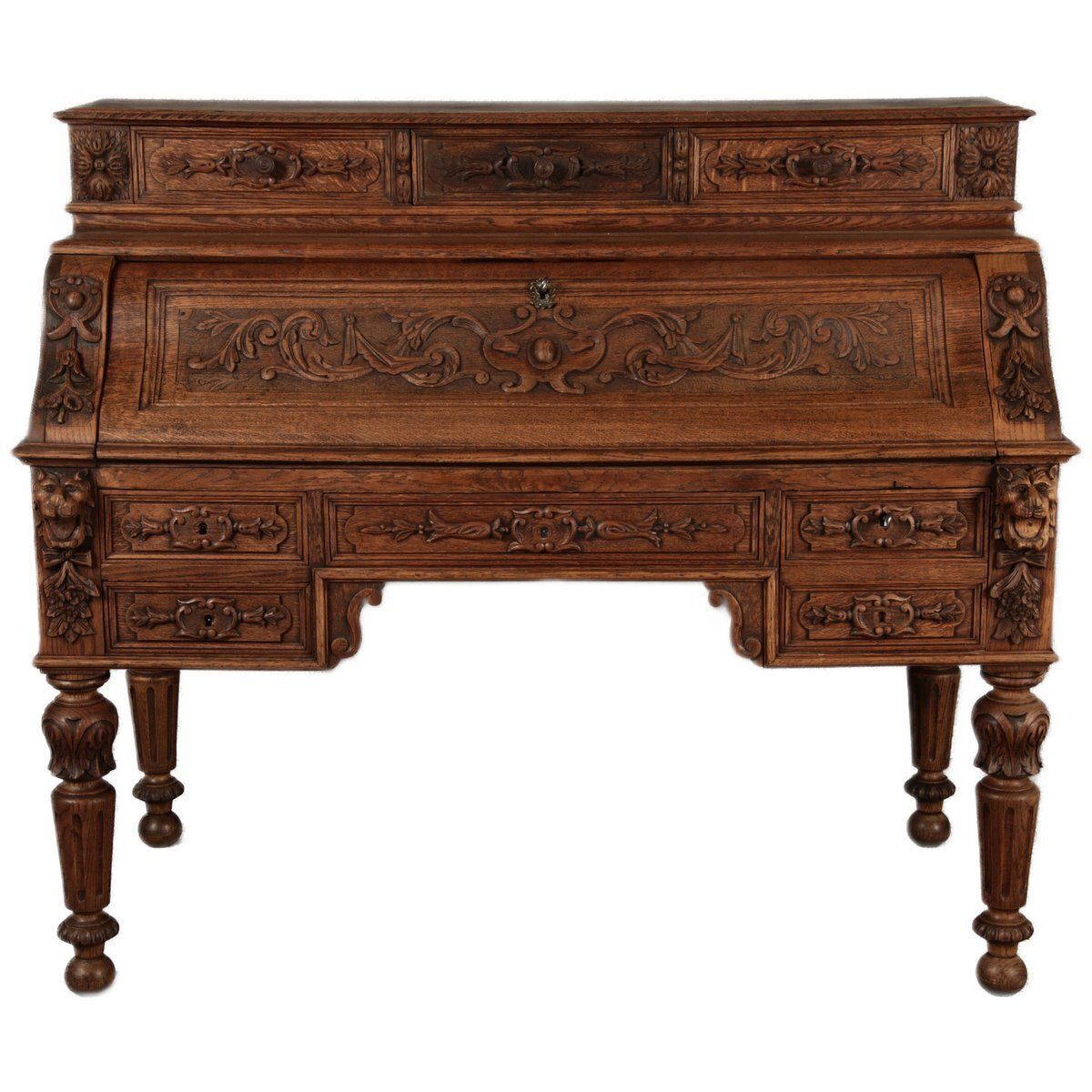 Antique Secretary Desk With Carved Oak, 1881