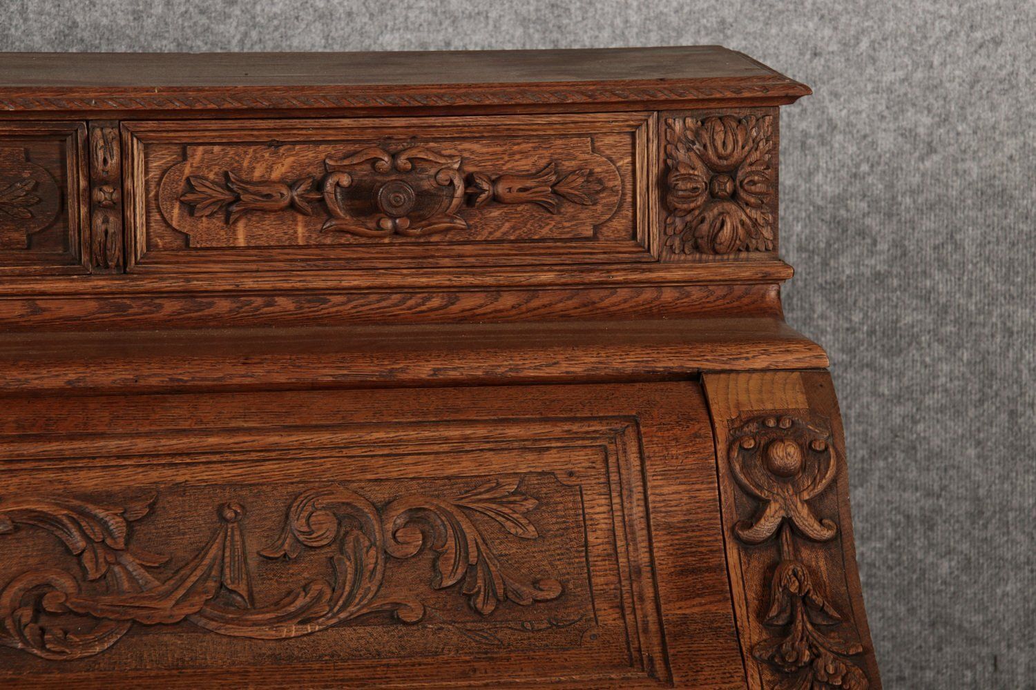 Antique Secretary Desk With Carved Oak, 1881 photo vintage