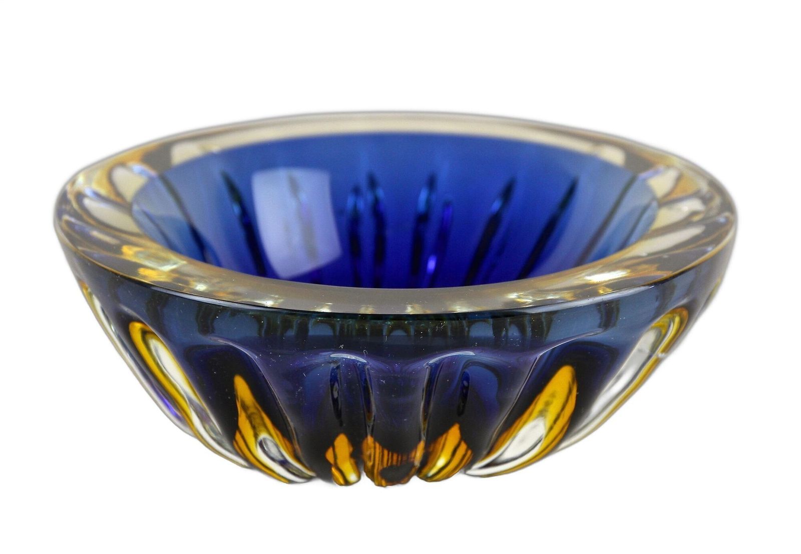 Mid Century Murano Glass Bowl, Dark Blue/ Amber, Italy Ca. 1960