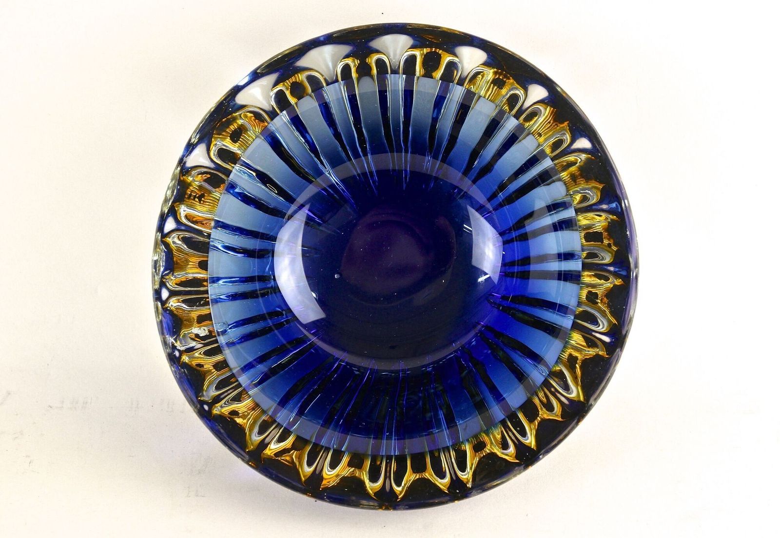 photo furniture Mid Century Murano Glass Bowl, Dark Blue/ Amber, Italy Ca. 1960