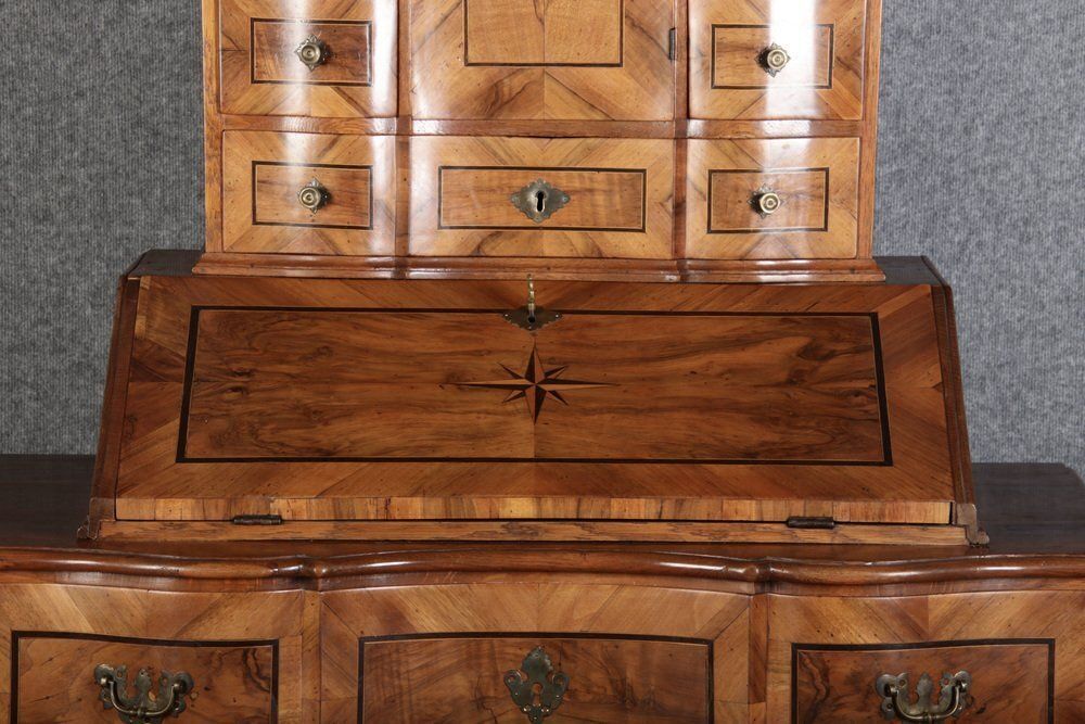 Furniture Antique 18th Century Baroque Tabernacle Secretary In Oak With Walnut Veneer, 1730s photo