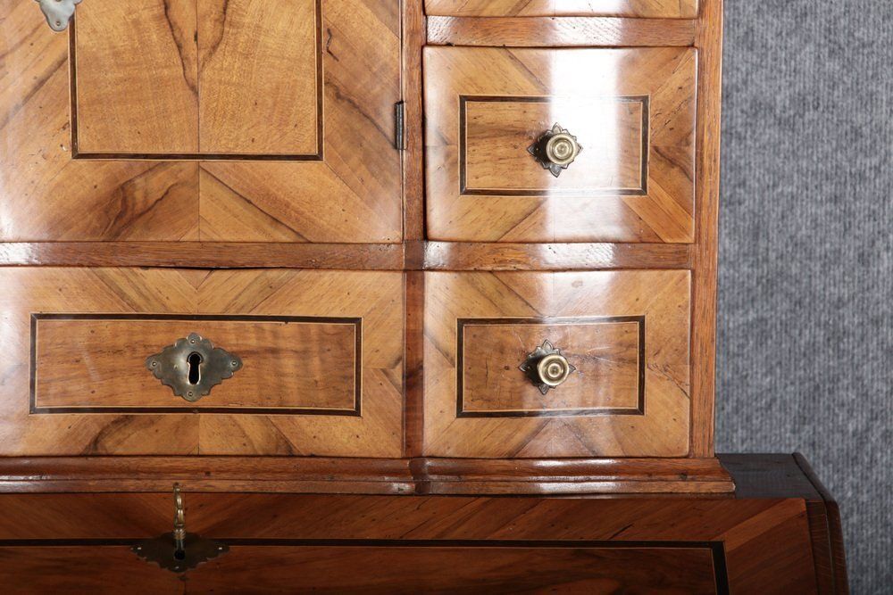 photo buy Antique 18th Century Baroque Tabernacle Secretary In Oak With Walnut Veneer, 1730s