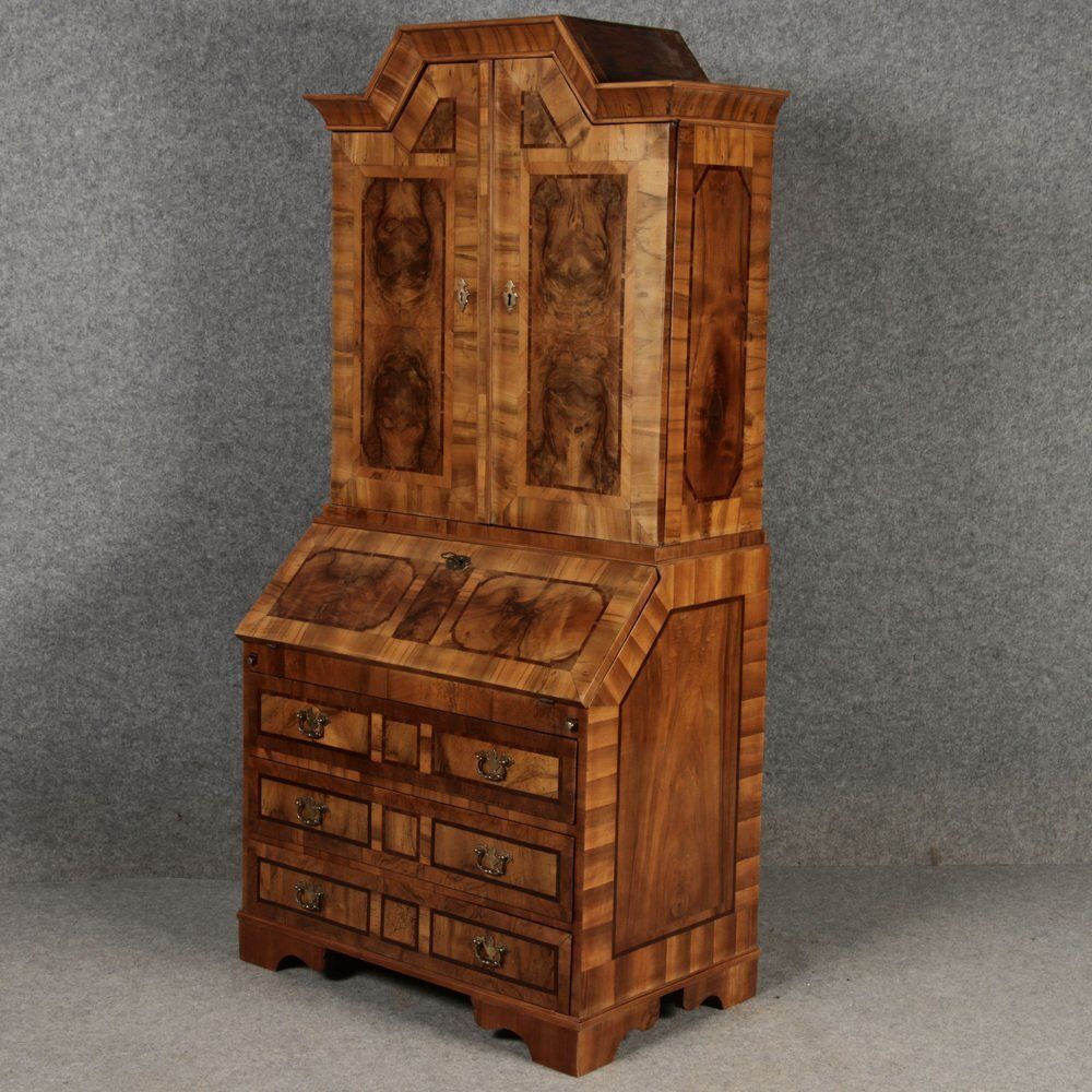 photo furniture Baroque Narrow Secretary In Walnut Veneer, 18th Century