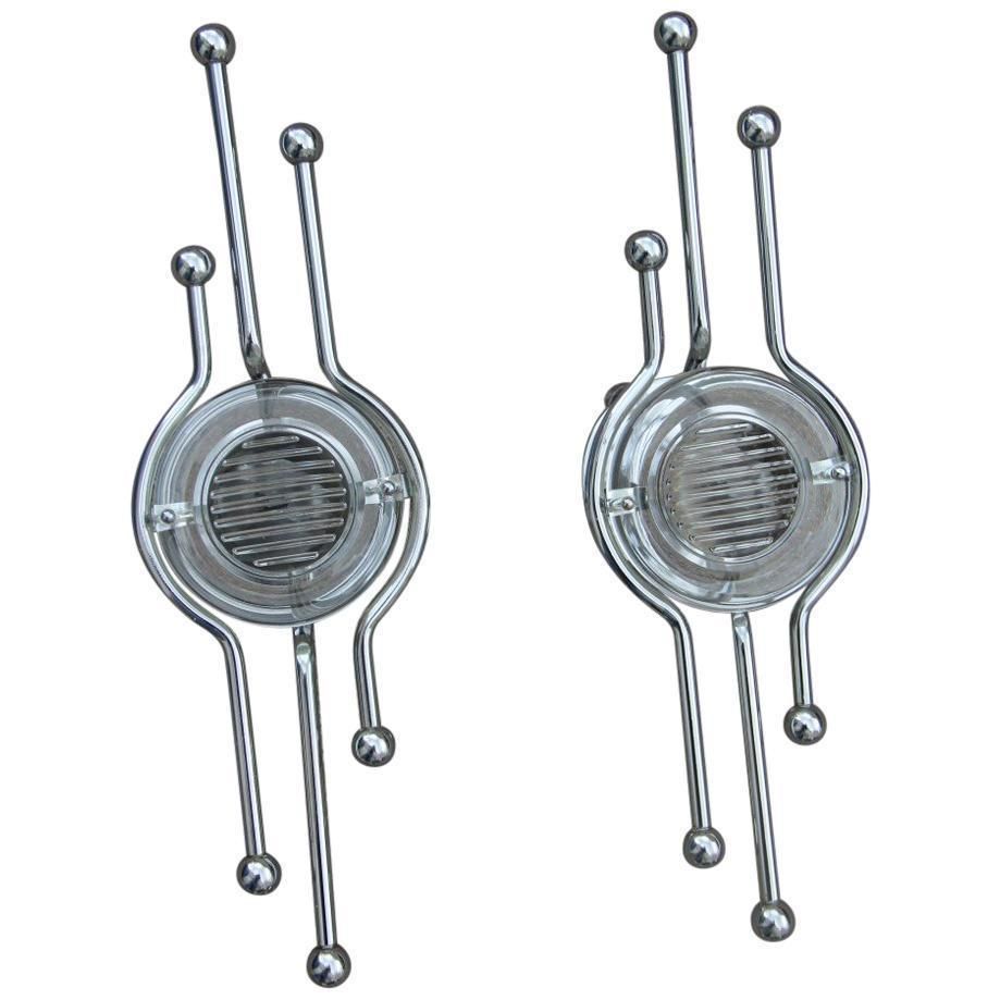Pair Of Steel Italian Sconces Sculptural Form Glass Lens 1970 Stilkronen