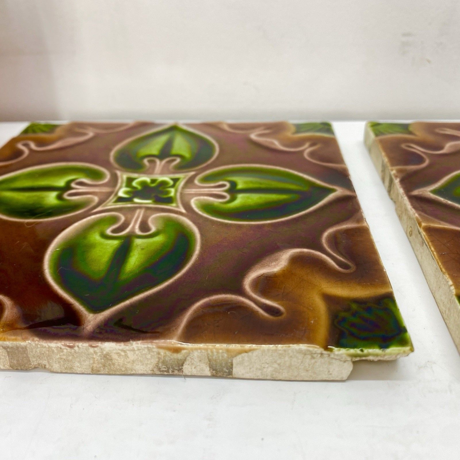 Antique Art Nouveau Majolica Tiles C1900 Green Brown Floral 15cm Made In England photo vinterior