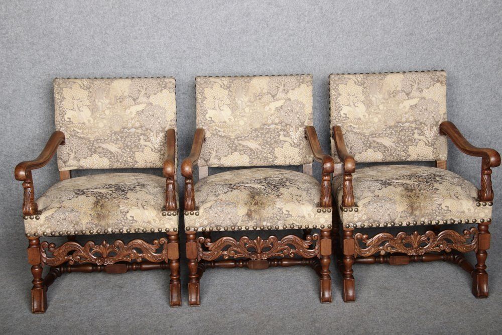 Furniture Antique Baroque Armchairs In Walnut, 1800, Set Of 3 photo