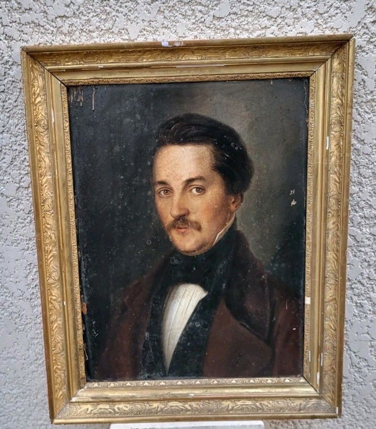 Art Portrait Of Man. Oil Painting On Wood Panel 19th Century photo