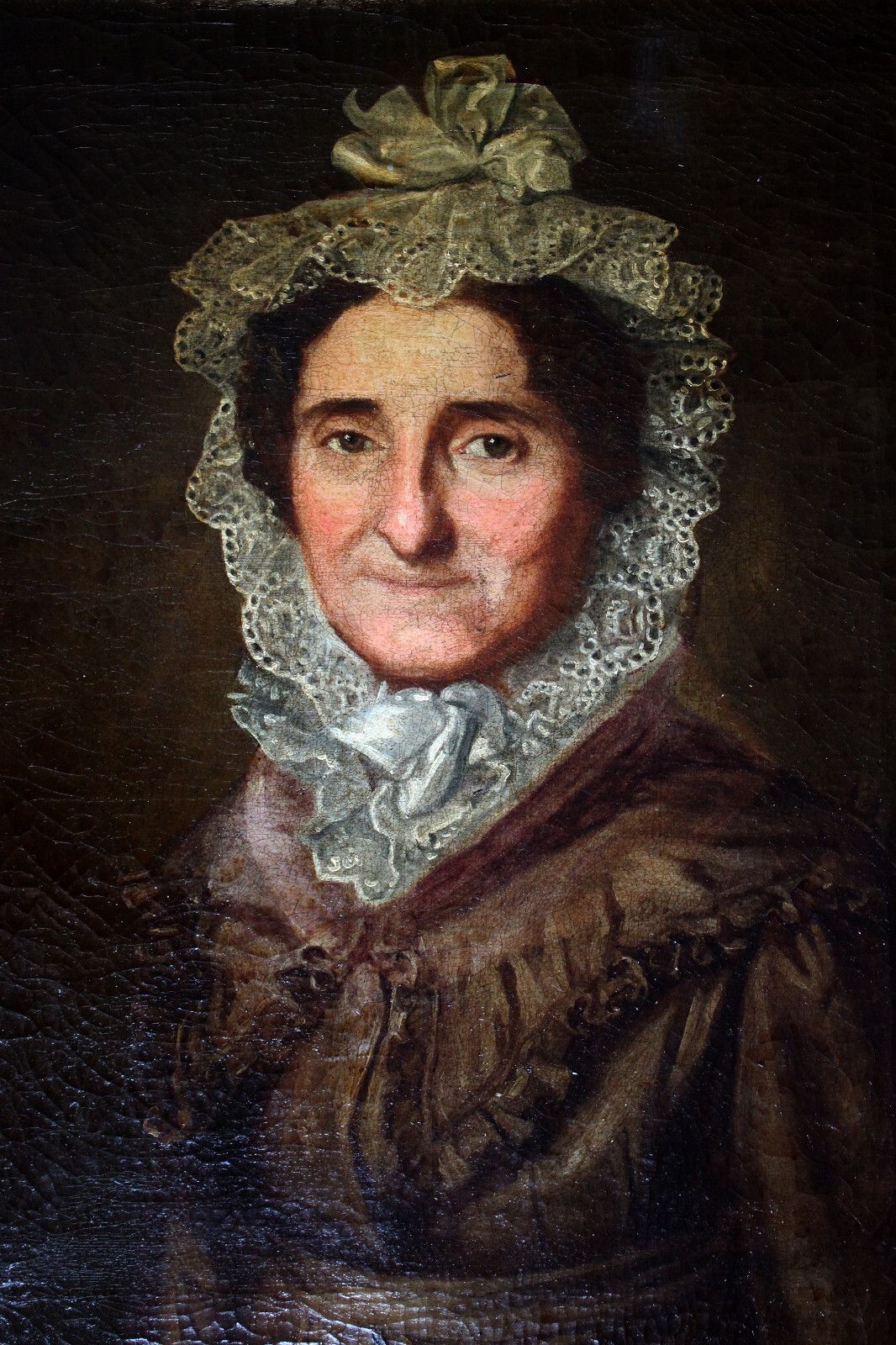Art Biedermeier Portrait Of An Elderly Lady With Lace Hood Around 1800 photo