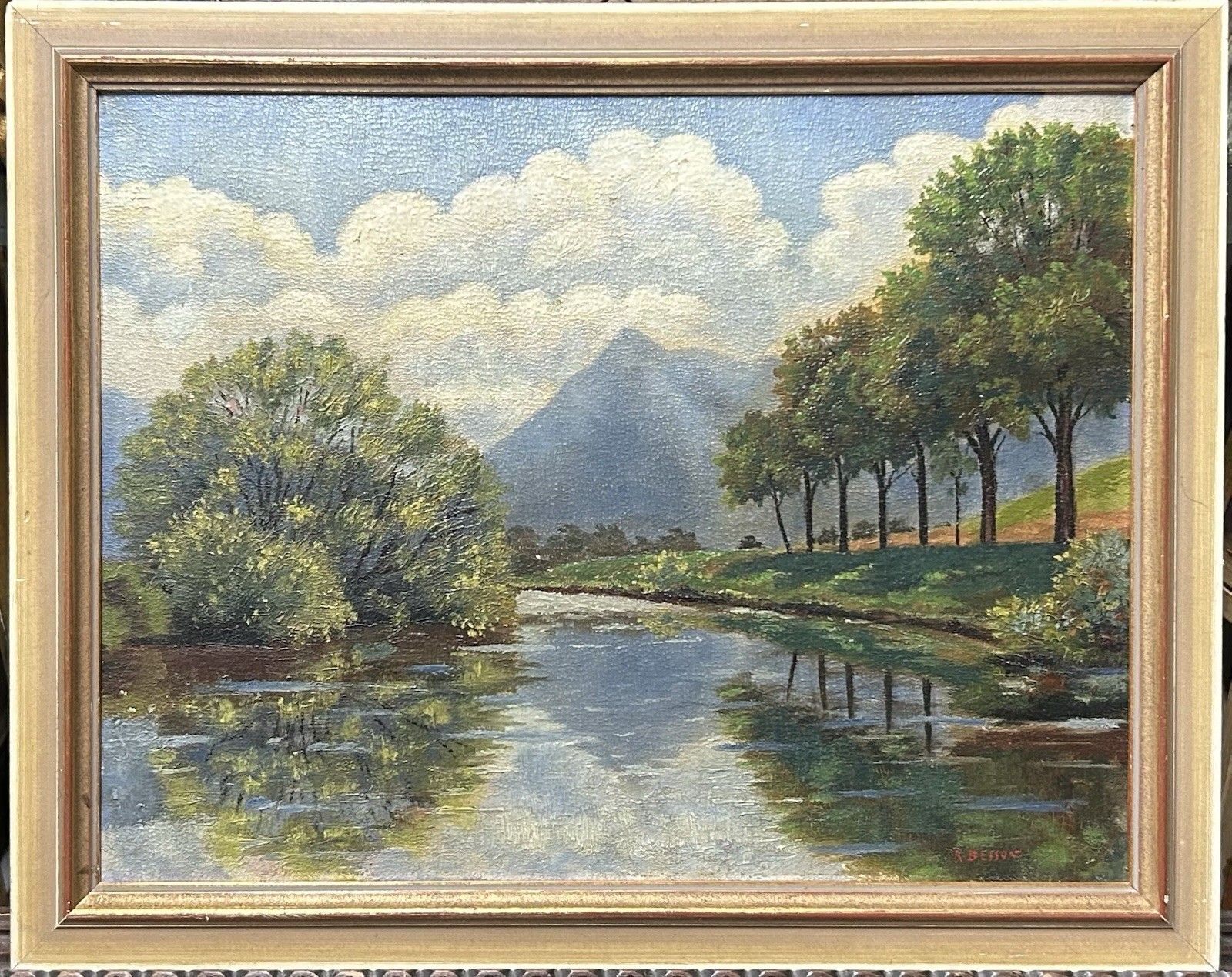 Antique Original Oil Painting On Cardboard, Landscape Mountain, Signed, Framed