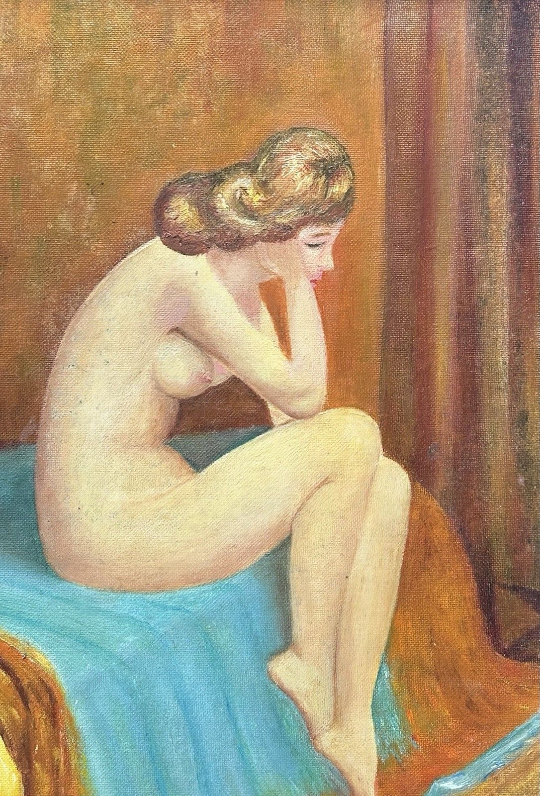 Nude Female Portrait, Original Antique Oil Painting On Hardboard, Framed photo for sale