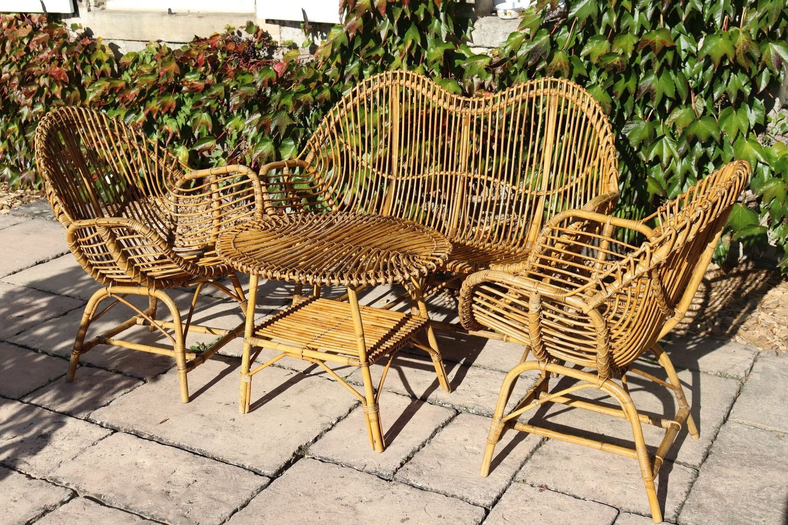 Rattan And Bamboo Garden Furniture Attributed To Franco Albini, Italy, 1960s, Set Of 4