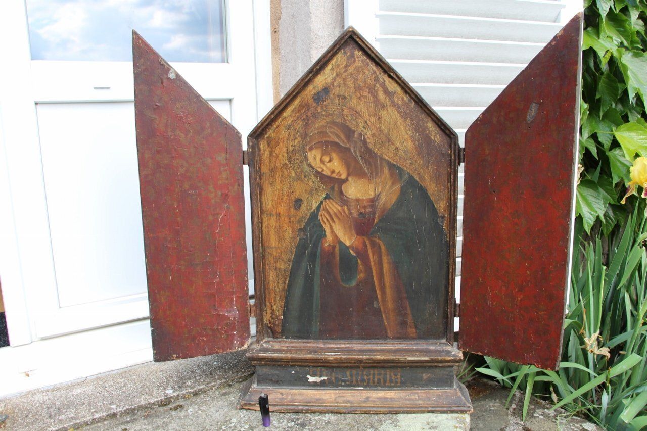 Italian Artist, The Virgin Mary Triptych, 18th Century, Large Painted Panel photo vintage