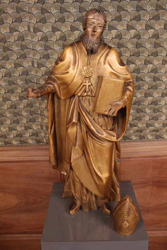 Large Statue Of A Holy Bishop, 18th Century, Gilded Wood photo vintage