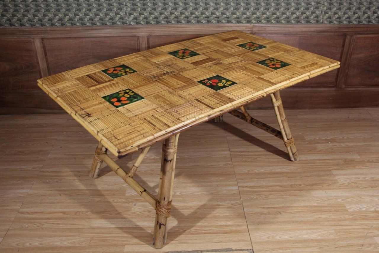 Rattan And Ceramic Dining Room Table From Audoux Minet By Adrien Audoux & Frida Minet, 1960s